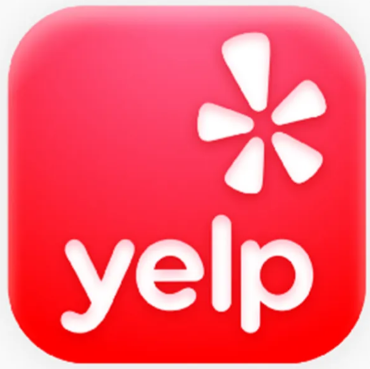 Yelp app icon with a red background, white flower-like symbol, and white 'yelp' text.