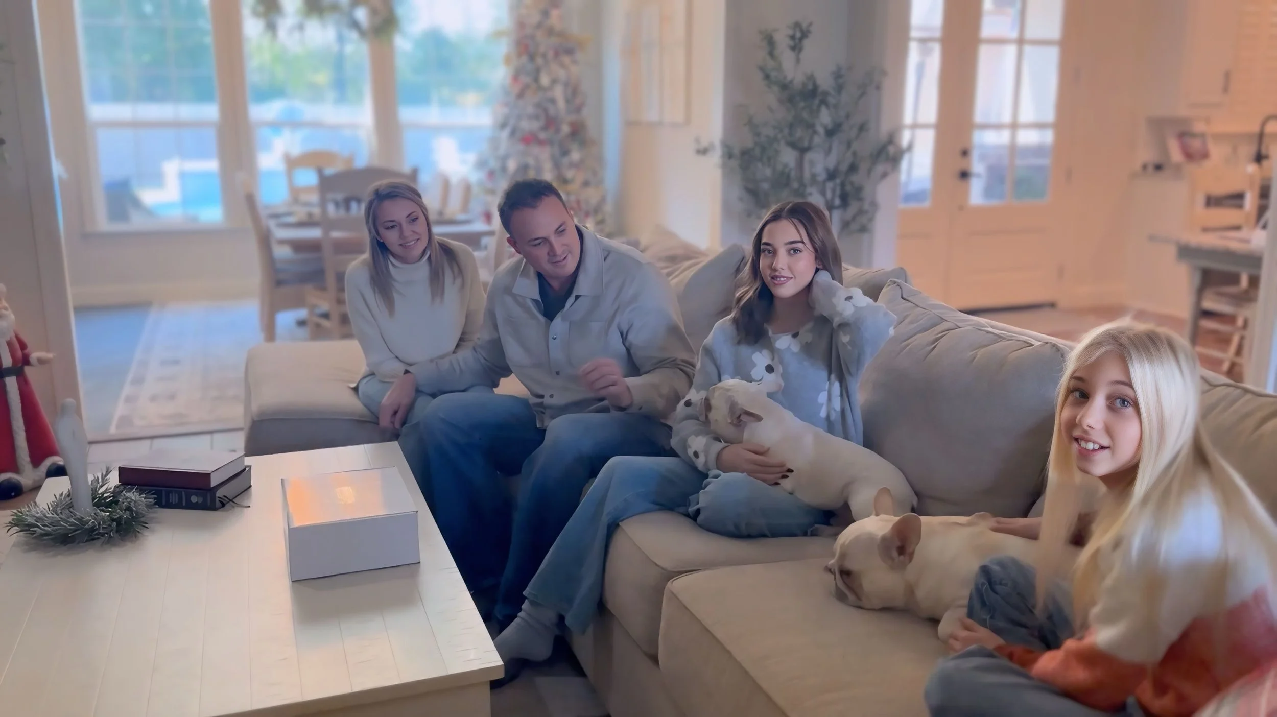 A family of four and two dogs sitting on a beige couch in a living room decorated for Christmas, with a Christmas tree visible in the background.