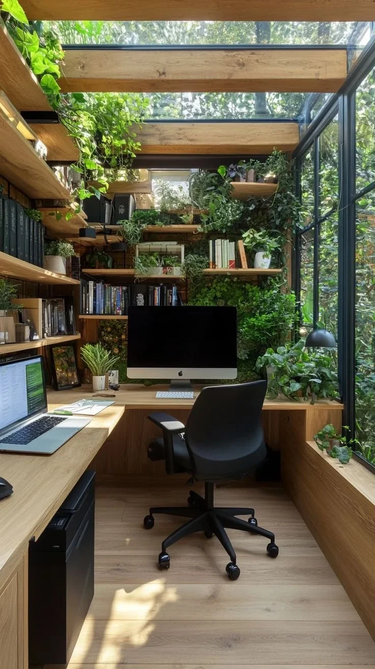 Home office with wooden desk, black office chair, computer monitor, laptop, and lush green plants on shelves and windowsill, with a glass ceiling letting in natural light.