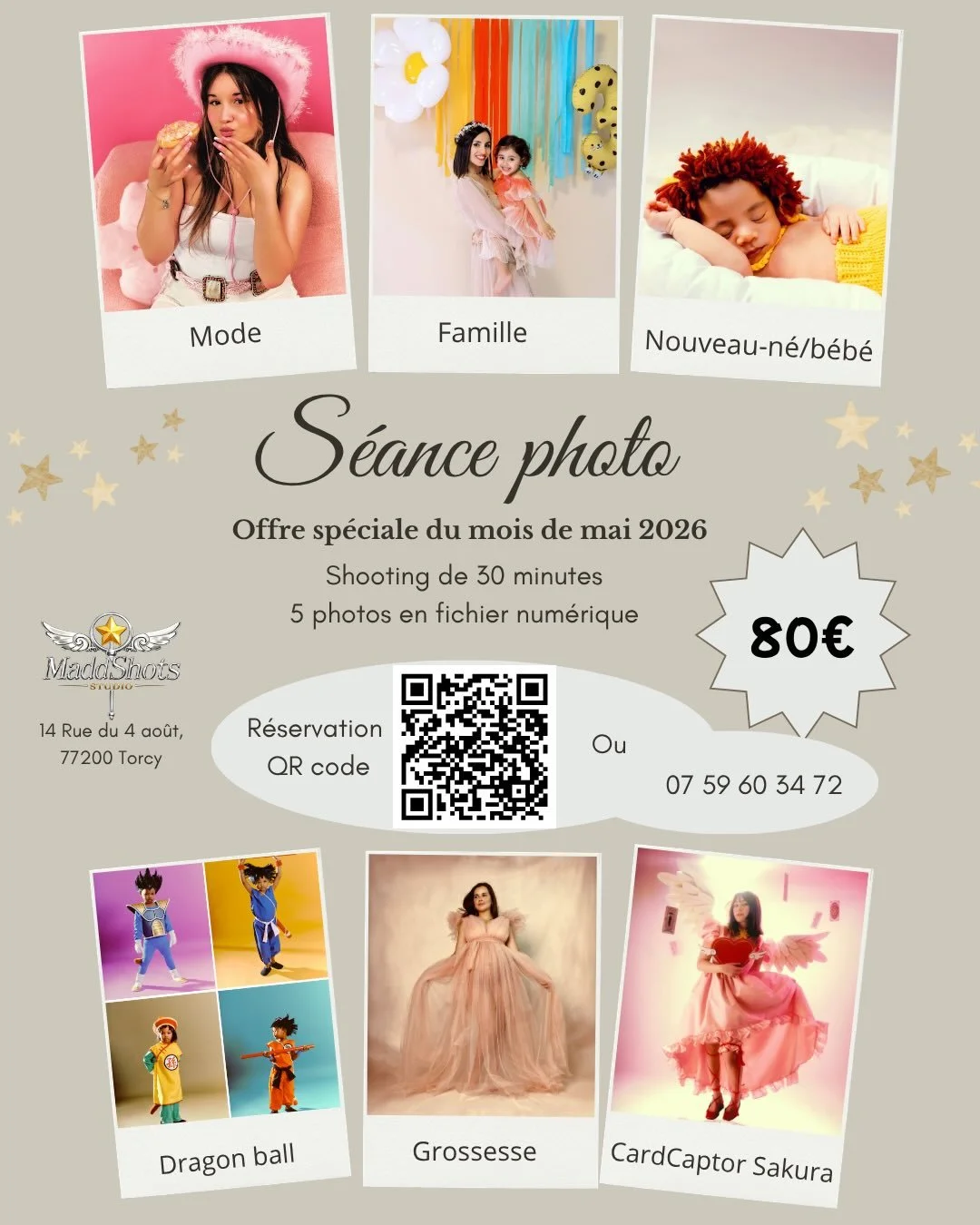 ✨ OFFRE SP&Eacute;CIALE OUVERTURE ✨

Mon studio photo ouvre ses portes et pour f&ecirc;ter &ccedil;a, je vous g&acirc;te ! 🔛

📅 Du 2 au 22 mai 2026

Je vous propose des mini-s&eacute;ances photo de 30 minutes avec 5 photos retouch&eacute;es incluse
