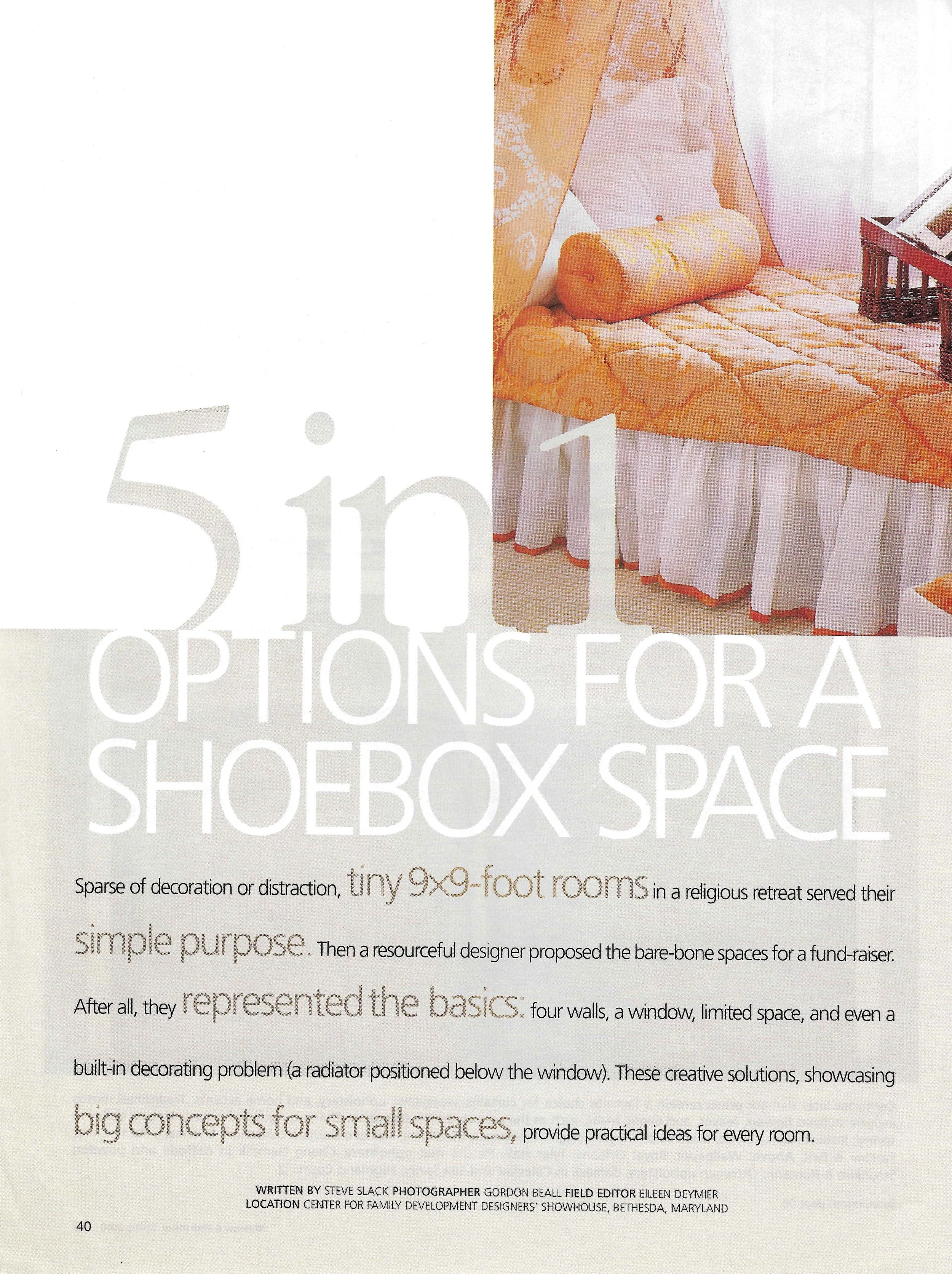 Page from a magazine or book discussing small room design options, with an image of a cozy, brightly colored guest room featuring orange and white bedding, a window with curtains, and a small piece of furniture.