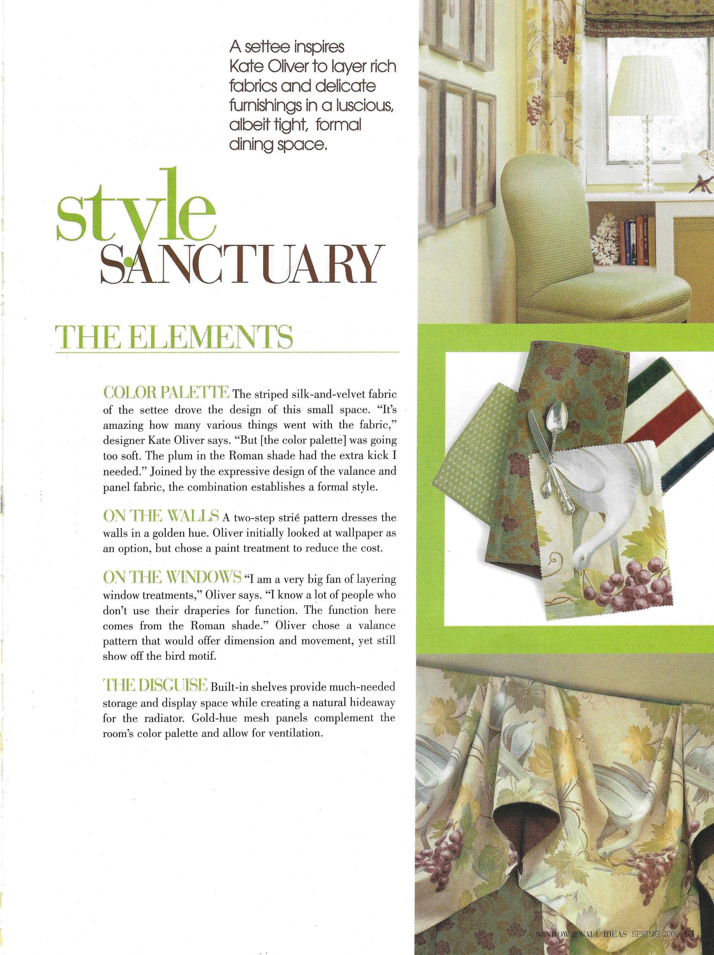 Page from a home decor magazine featuring a small elegant dining space with a light green upholstered chair, patterned fabric samples, and window treatments with floral and plaid designs in soft colors.