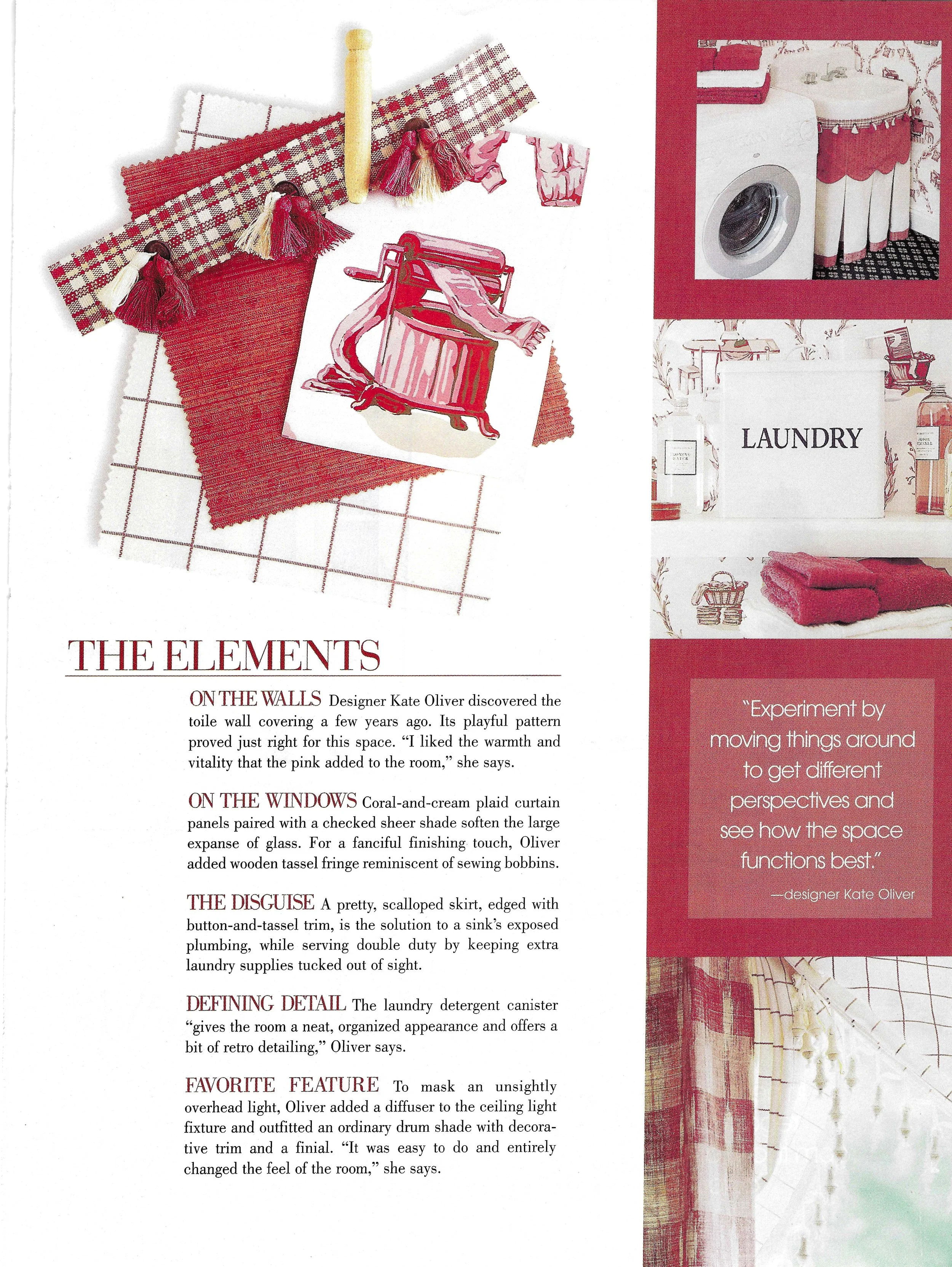 A magazine page with fabric swatches, a paint color palette, and a laundry room photo, accompanied by text about interior design and laundry tips.