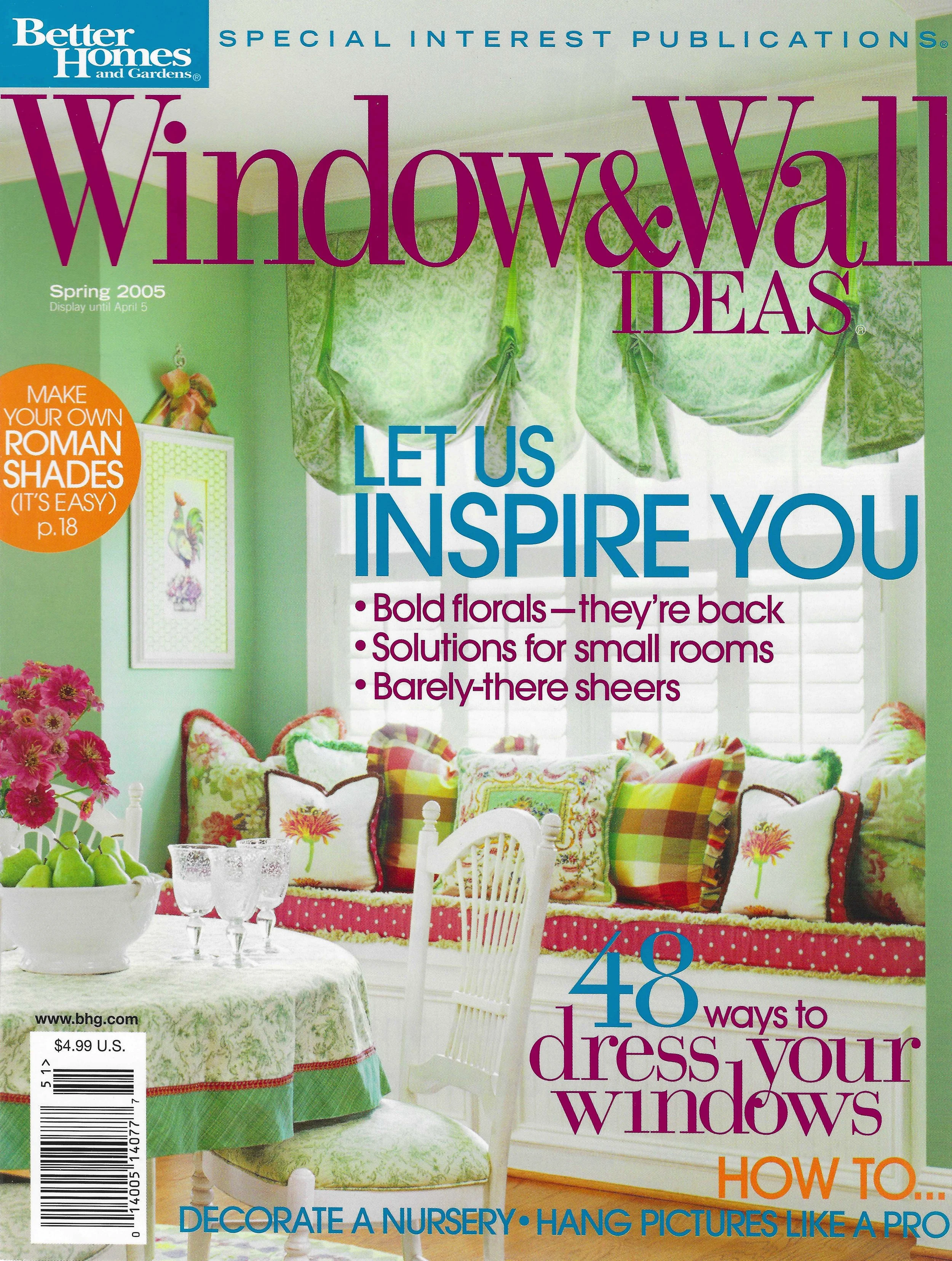 Magazine cover titled 'Window & Wall Ideas' featuring a bright, colorful room with green walls, floral curtains, a floral-patterned window seat with pillows, a round table with a green and white tablecloth and glassware, and a white chair. The issue is Spring 2005.