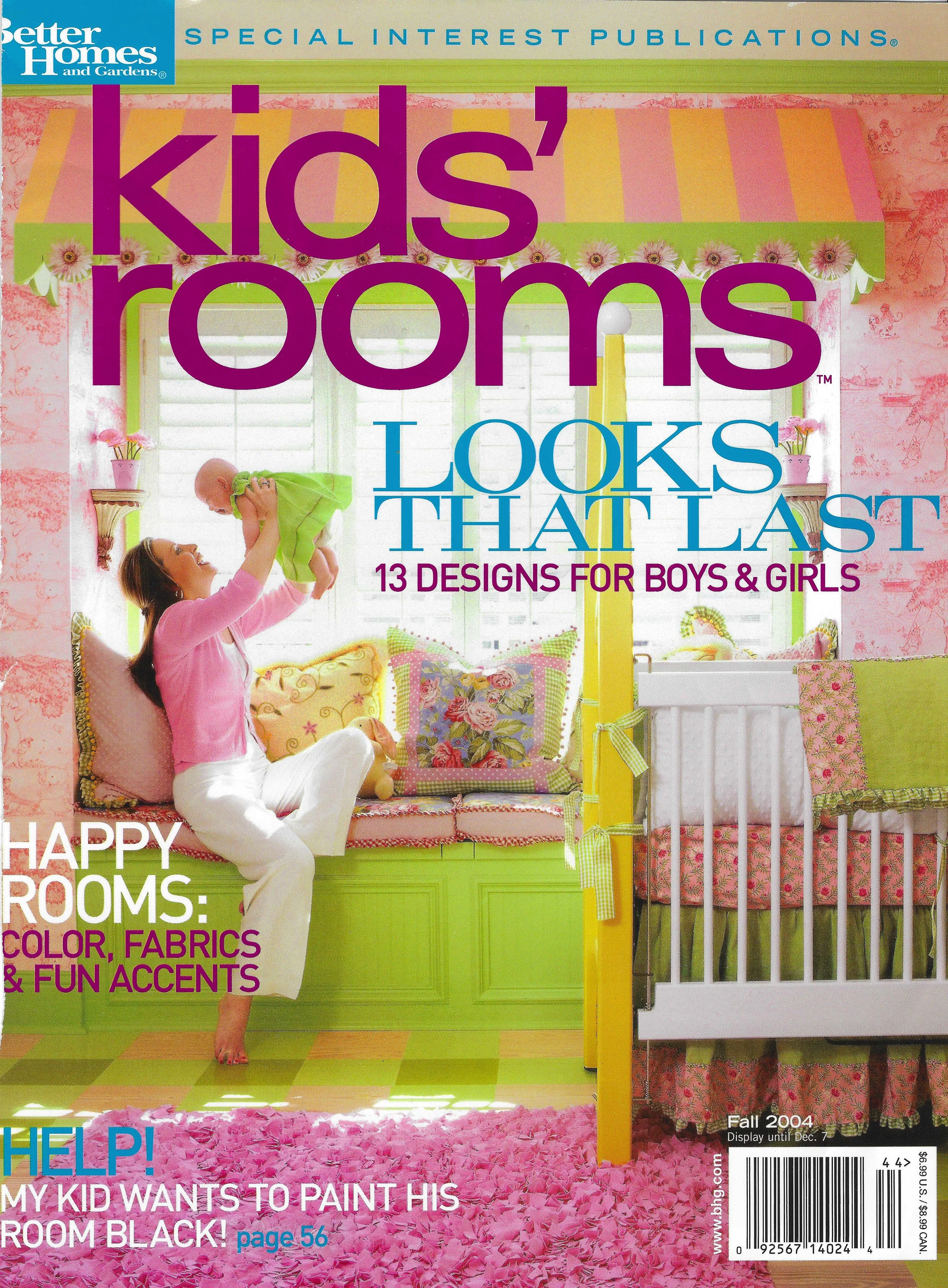 Cover of Better Homes and Gardens' special interest publication titled 'Kids' Rooms Looks That Last' showing a woman lifting a baby in a brightly decorated children's bedroom with pink, green, and yellow decor.