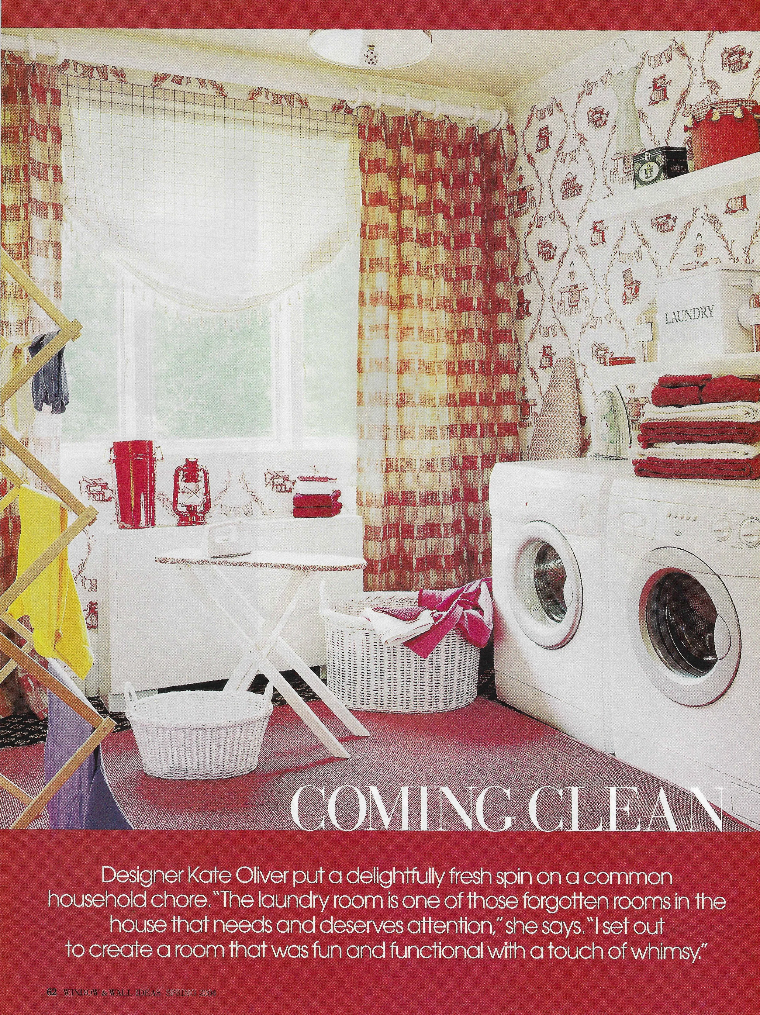 A laundry room with red and white plaid curtains, a white washing machine, shelves with folded towels, and laundry accessories, decorated in a red and white color scheme.
