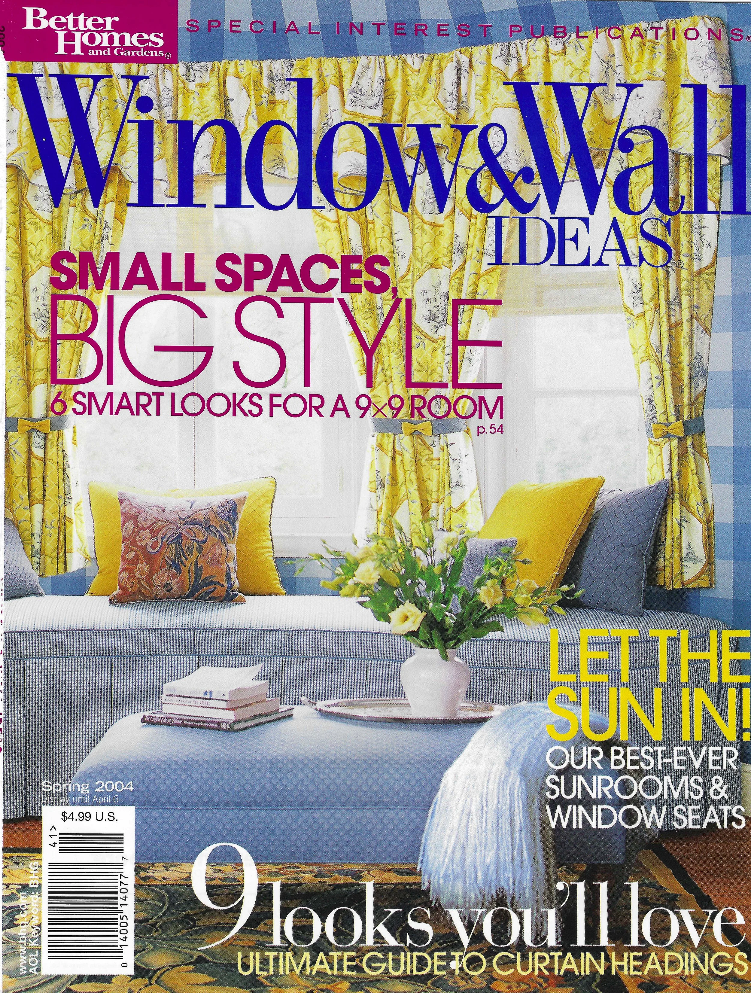 Magazine cover featuring a living room with yellow and blue patterned curtains, a tufted blue sofa with colorful throw pillows, a white coffee table with books and a flower vase, and yellow and blue walls. The cover highlights window and wall ideas for small spaces.