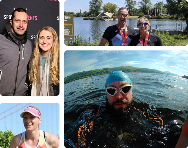 A collage from the TCC community, including athletes at an event, race finishers and an open-water swimmer