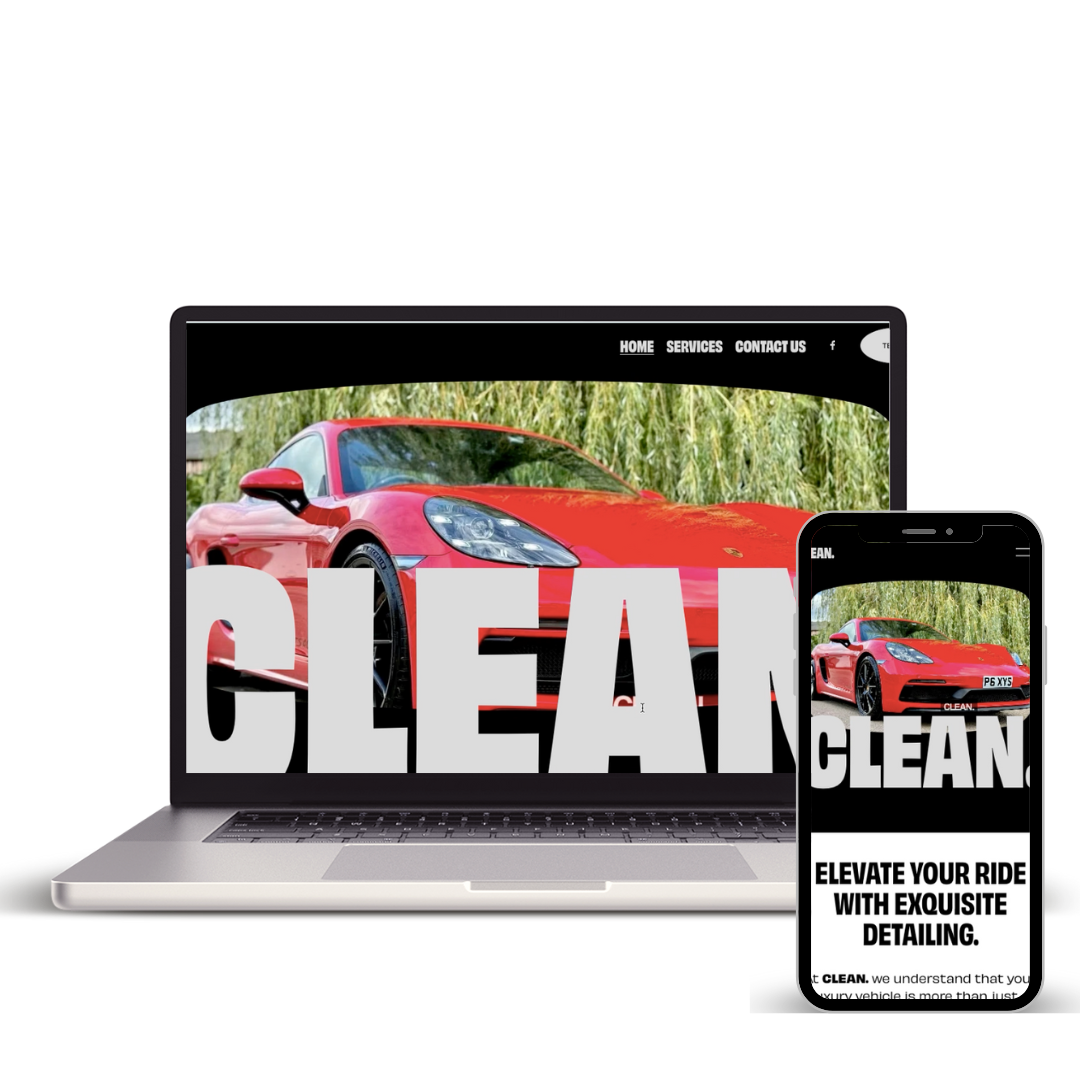Laptop and smartphone displaying a car wash website with a red sports car and the word 'CLEAN' in large letters.