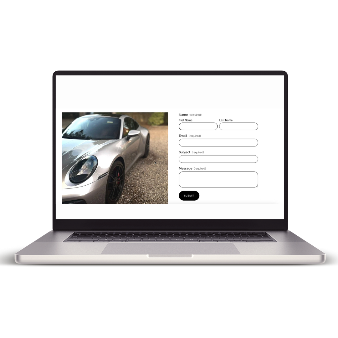 A laptop displaying a contact form webpage with a picture of a silver sports car on the left side of the screen.