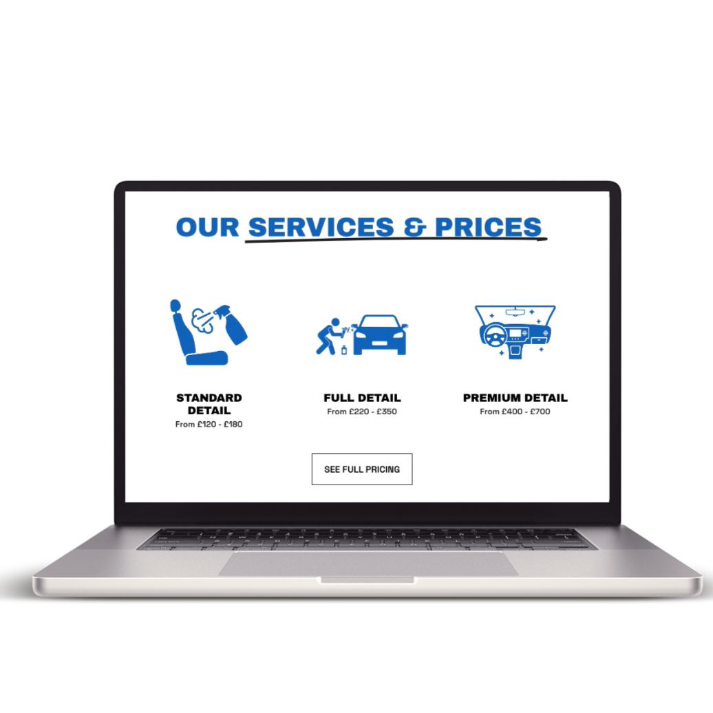 Laptop screen displaying a service pricing menu with three options: Standard Detail, Full Detail, Premium Detail, each with their prices and icons, and a button labeled "See Full Pricing".