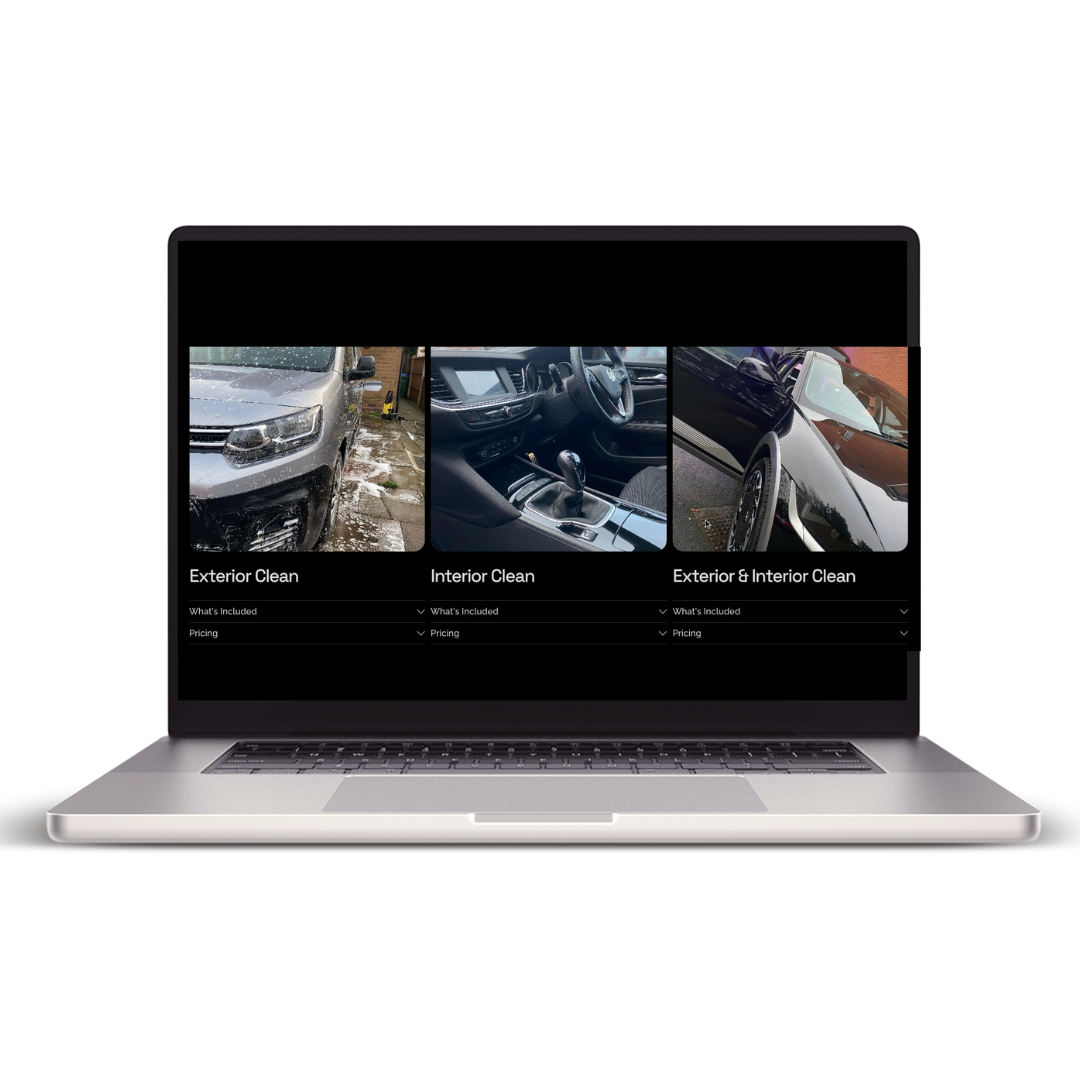 Laptop displaying car cleaning options, with images of the exterior and interior of a vehicle, and listed services for 'Exterior Clean,' 'Interior Clean,' and 'Exterior & Interior Clean.'
