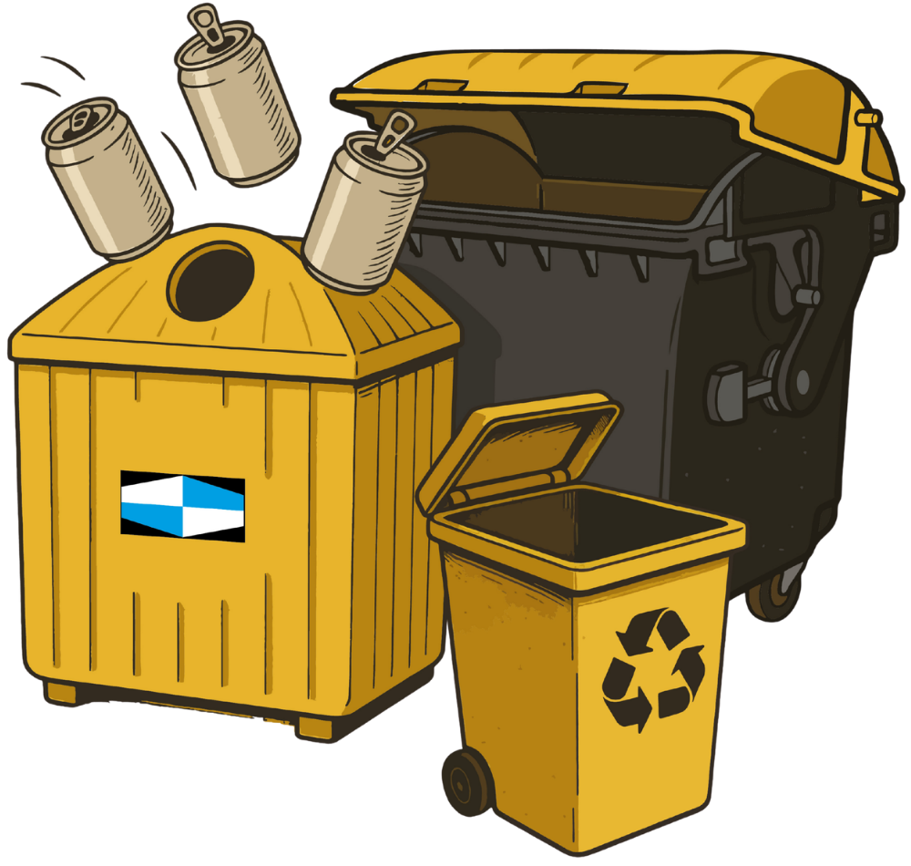 Illustration of a trash and recycling station with a yellow recycling bin, a yellow trash bin, a black trash bin, a yellow trash can, and a recycling bin, with cans and a black bag inside the bins.