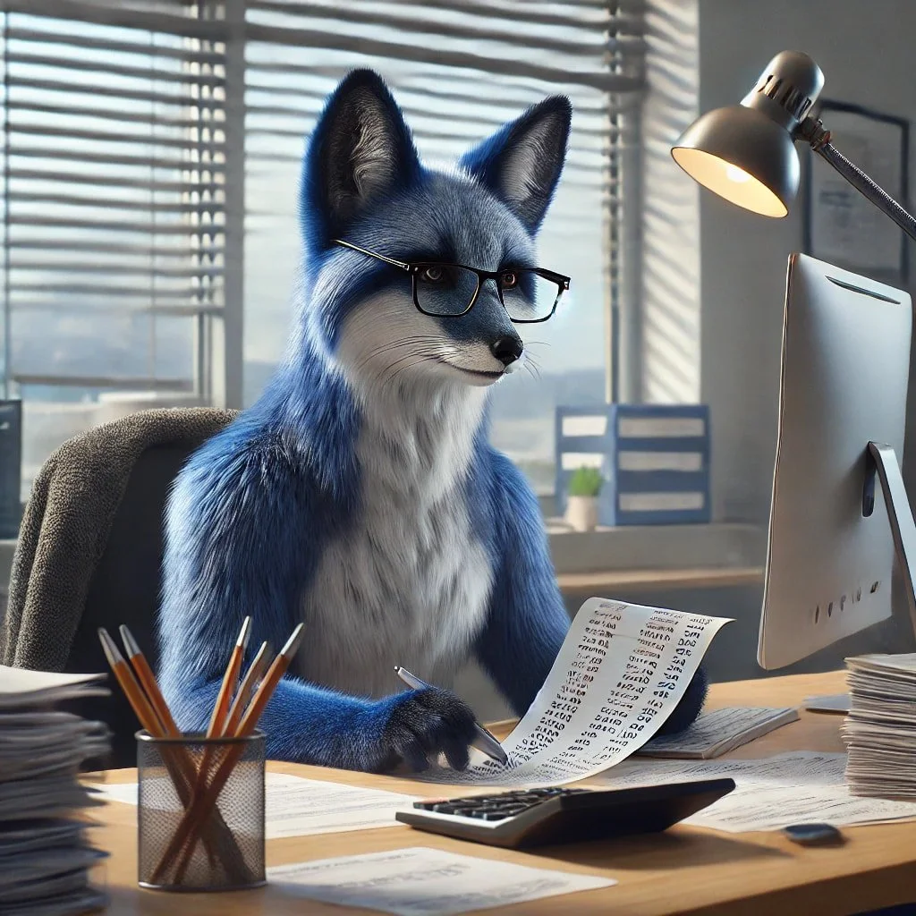 A blue fox-person with glasses sits at a desk doing accounting work