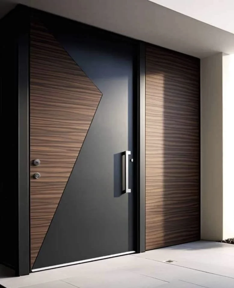 Modern front door with geometric design, black and brown wood finishes, handle, and security peephole.