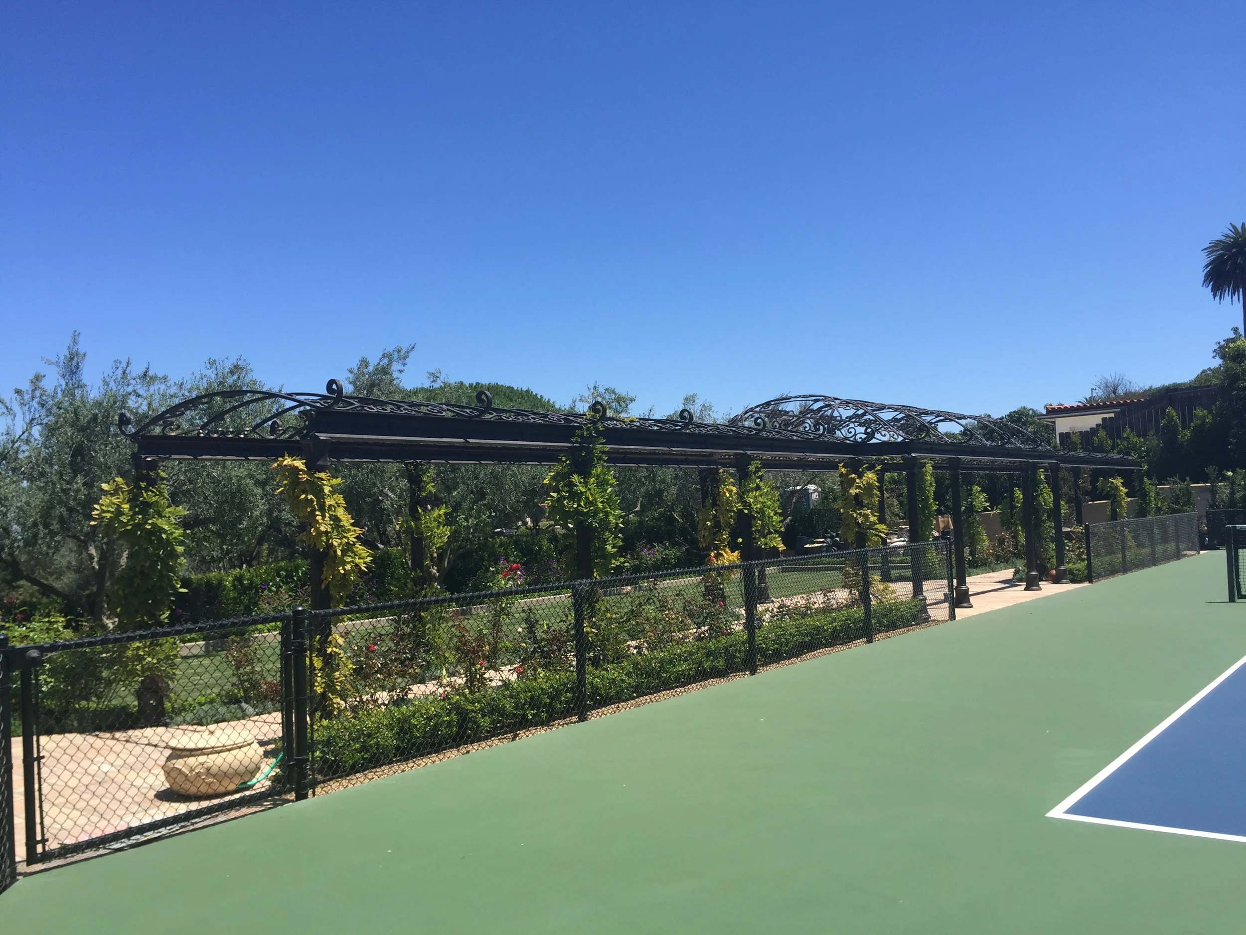 View of a tennis court with a green surface and a blue area, surrounded by a black fence. Behind the fence, there is a garden with climbing plants on a black pergola, trees, and plants under a clear blue sky.