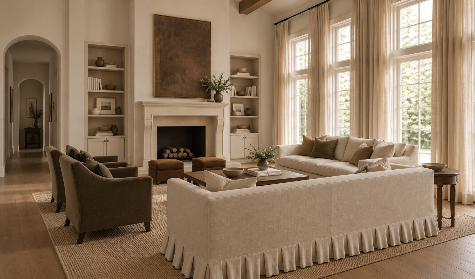Living room with beige sofas, a fireplace, large windows with cream curtains, and wooden interior decor.