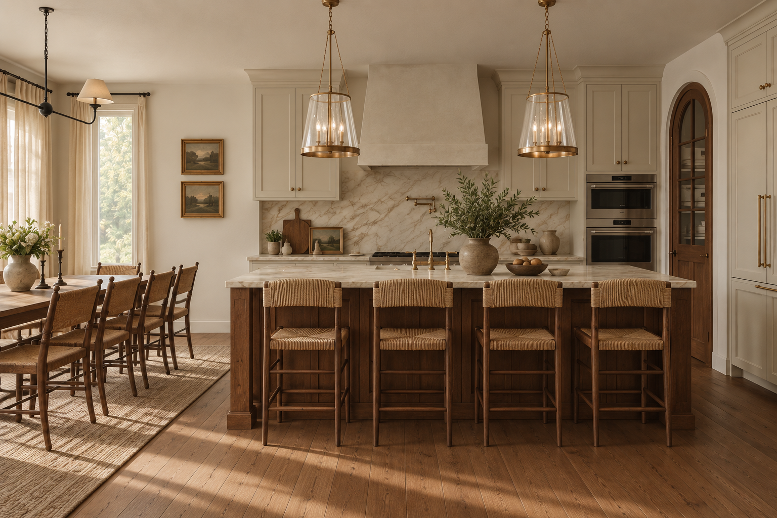 A spacious kitchen with a large island with a marble countertop, wooden base, and four woven chairs. The kitchen has white cabinetry, a marble backsplash, and a range hood. Two pendant lights hang above the island. There are decorative items like bow