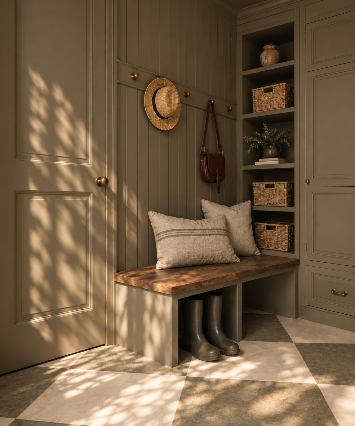 Entryway with gray paneled walls, a wooden bench with two pillows, gray rain boots underneath, built-in shelves with baskets and a vase, a hat and leather bag hanging on hooks, and sunlight casting shadows on the floor and wall.