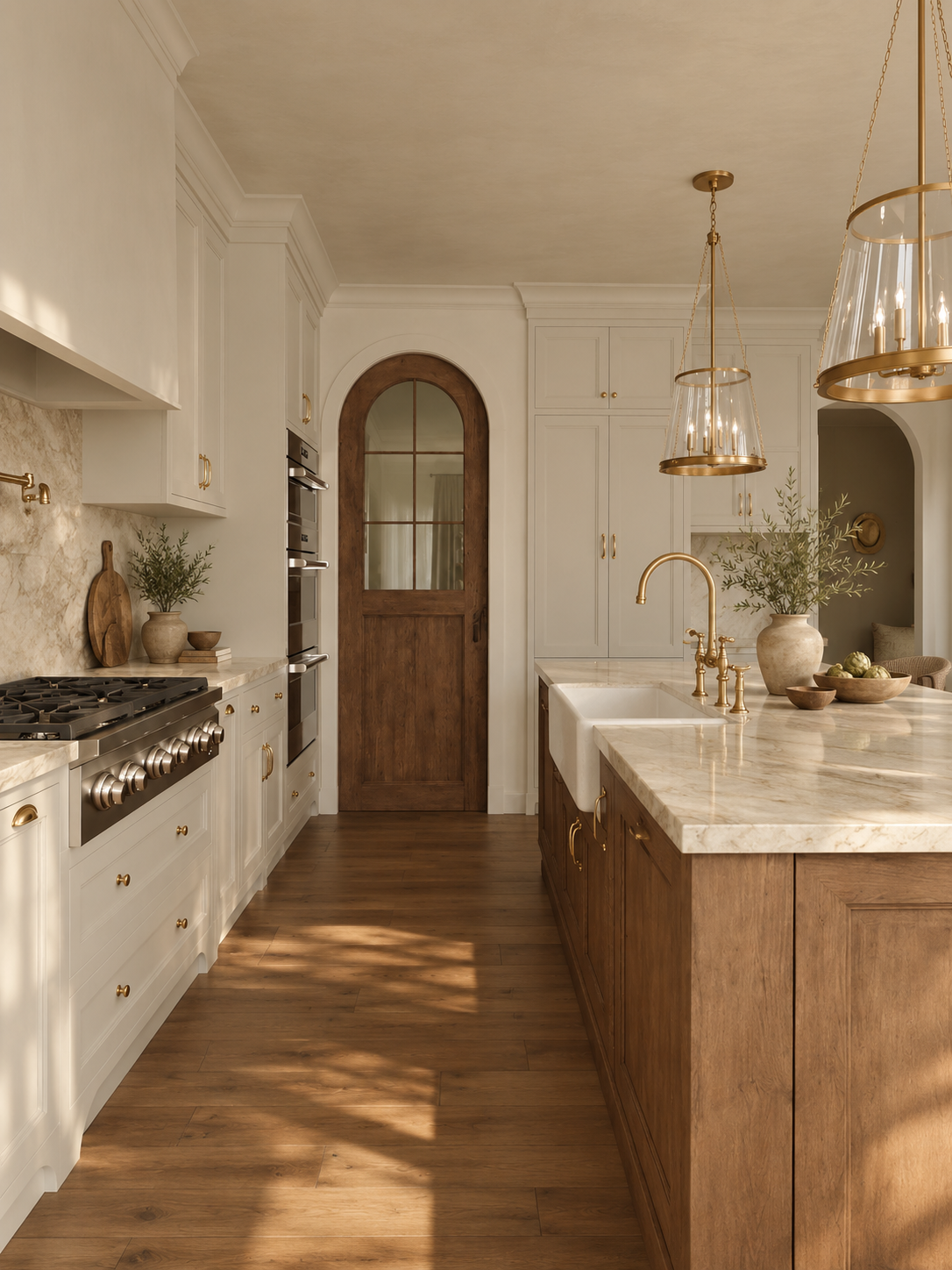 A modern kitchen with white cabinets, a marble countertop island, wooden floor, and gold fixtures. There are hanging pendant lights over the island and decorative plants in vases.