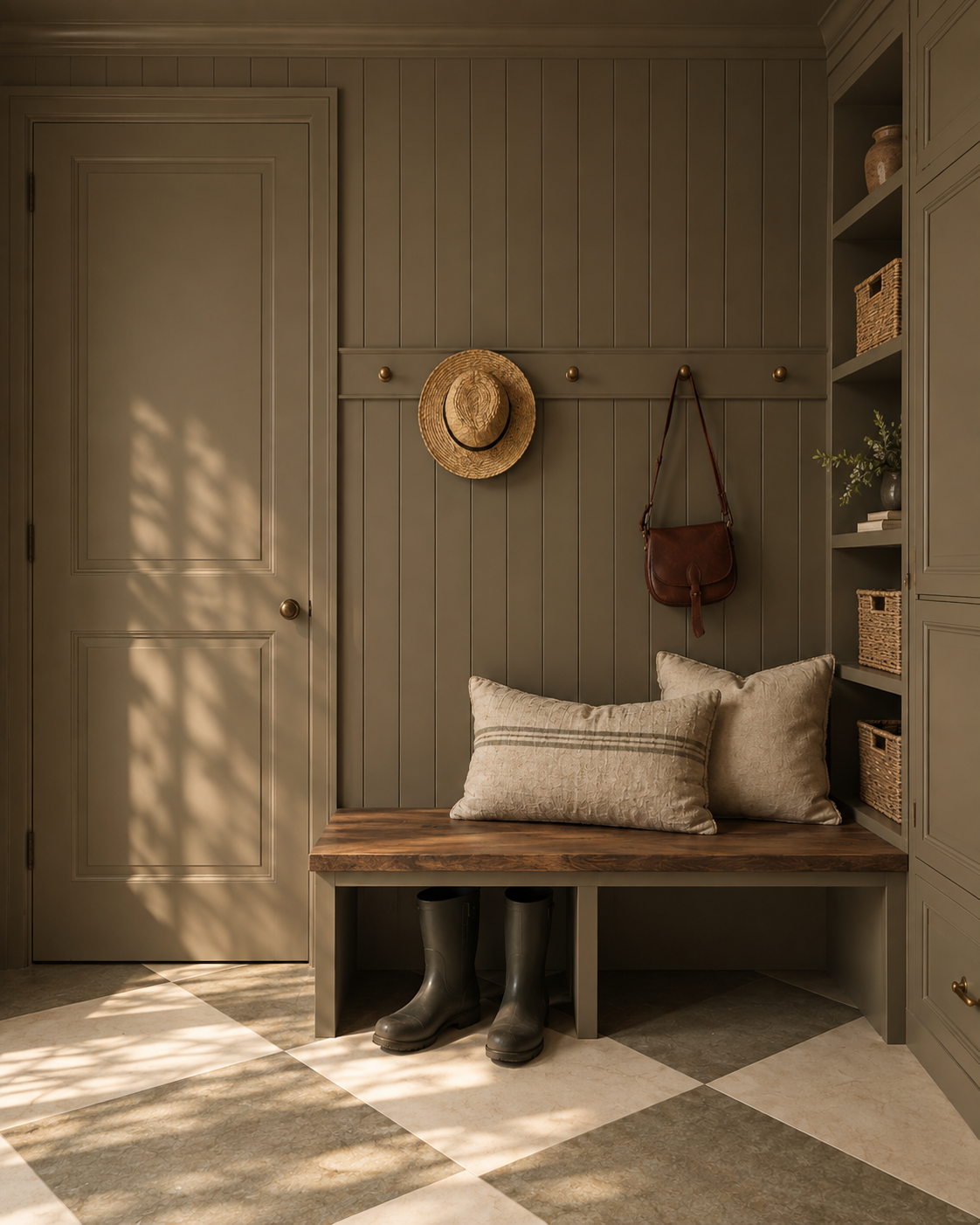 Entryway with gray wooden panel wall, hat and purse hanging, bench with two pillows, rain boots underneath, and built-in shelves with baskets and decor.