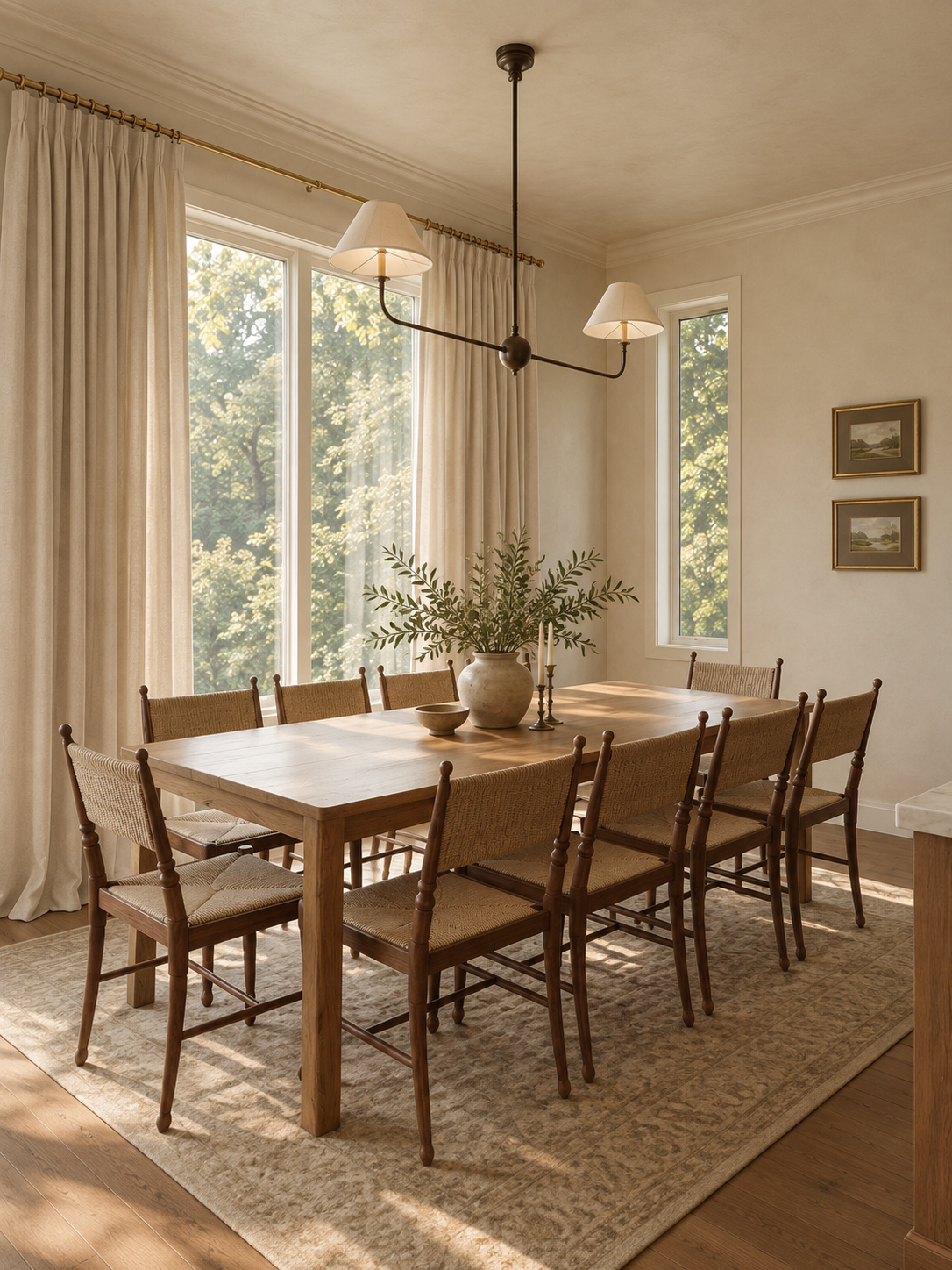 A dining room with a wooden table, eight chairs, a vase with greenery, and sunlight coming through large windows with beige curtains.