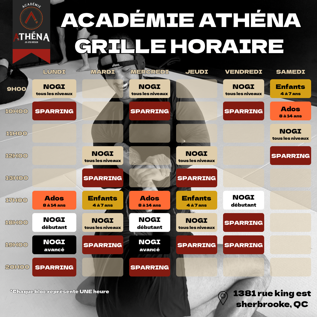 Horaire des cours de jiu-jitsu brésilien à Sherbrooke, offerts le matin, le midi et le soir, 6 jours sur 7
