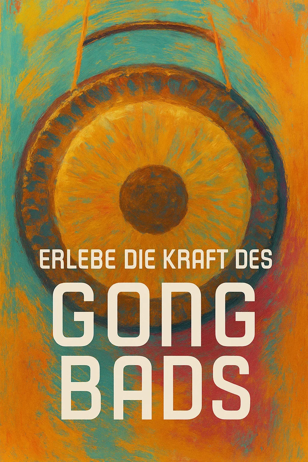Flyer mit abstraktem orange-blau-grünen Design und einem großen Auge, Schriftzug: 'Erlebe die Kraft des GONG BADS'.