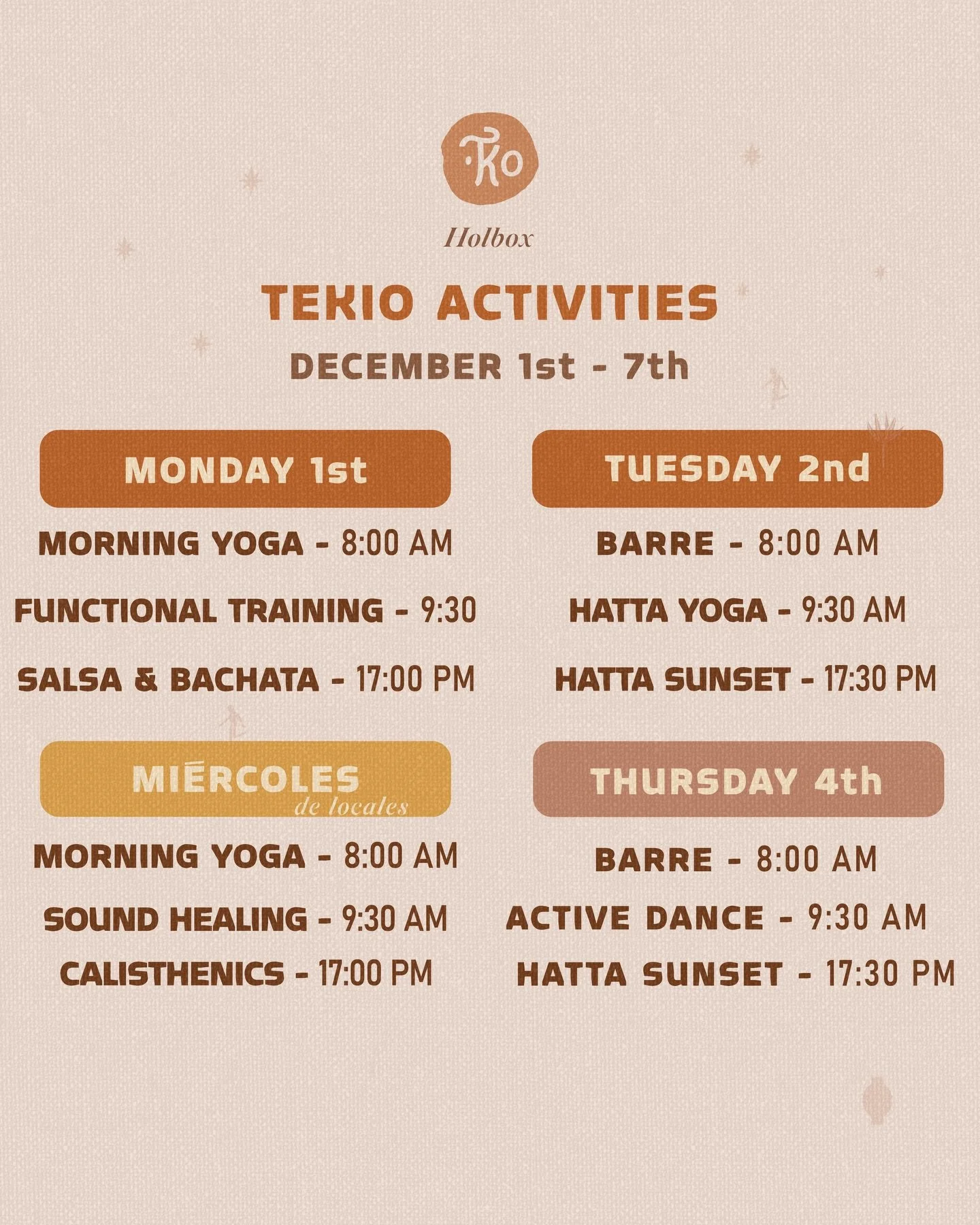 A new week to reconnect, release, and let yourself be carried by the island&rsquo;s energy.
Moments of wellbeing, shared creativity, and natural magic by the sea. 🌊

📍 Tekio Holbox
December 1 &ndash; December 7