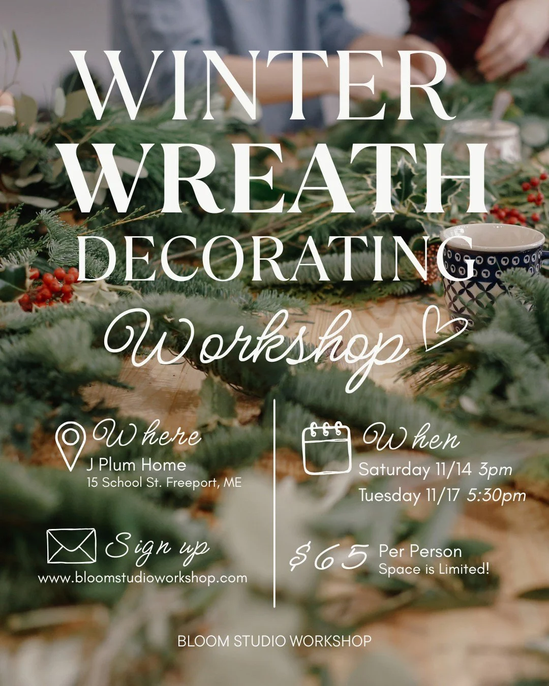 Join me for a fun, creative wreath workshop this November at @jplumhome! Together we'll go over wiring techniques to adorn an 18" grapevine wreath with an assortment of fresh winter greenery. Then get creative with an assortment accessories to d