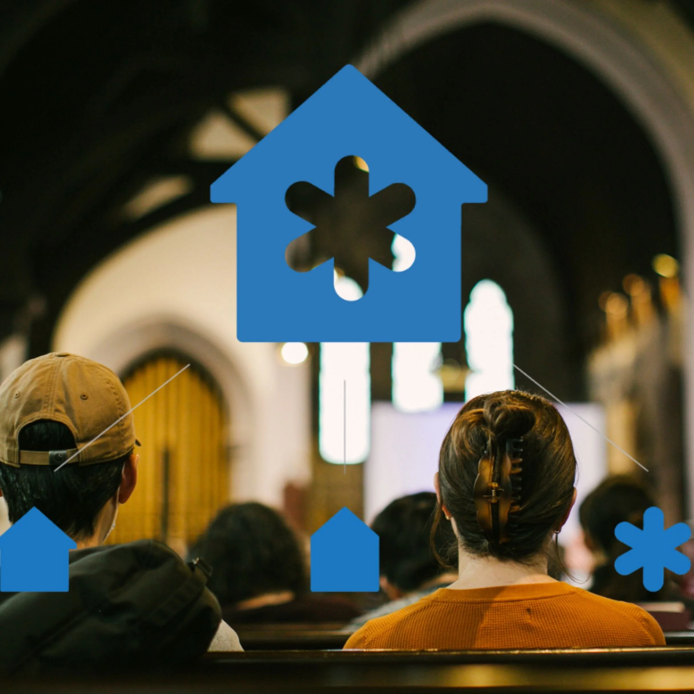 The Highrock Church logo  in front of a blurred scene of a church service in progress