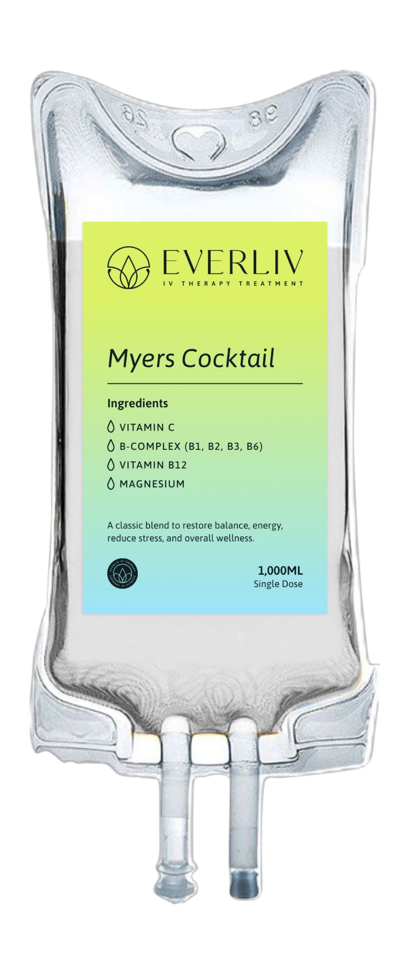 Myers Cocktail IV therapy, containing vitamins C, B-complex, B12, magnesium, with a gradient green to blue background, meant for health and wellness treatment.