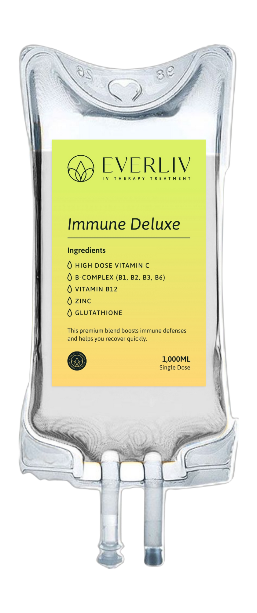 A clear IV therapy treatment bag labeled 'Everliv Immune Deluxe' with ingredients including high dose vitamin C, B-complex, vitamin B12, zinc, and glutathione.