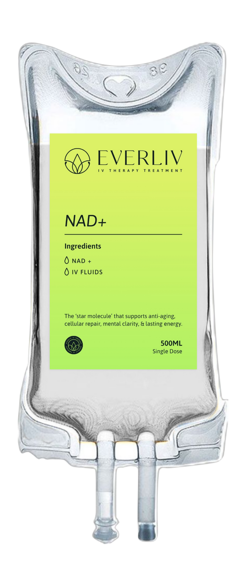 'NAD+ IV therapy and ingredients 'NAD+' and 'IV fluids' inside. The bag promotes anti-aging, cellular repair, mental clarity, and lasting energy, contains 500ml, and is a single dose.