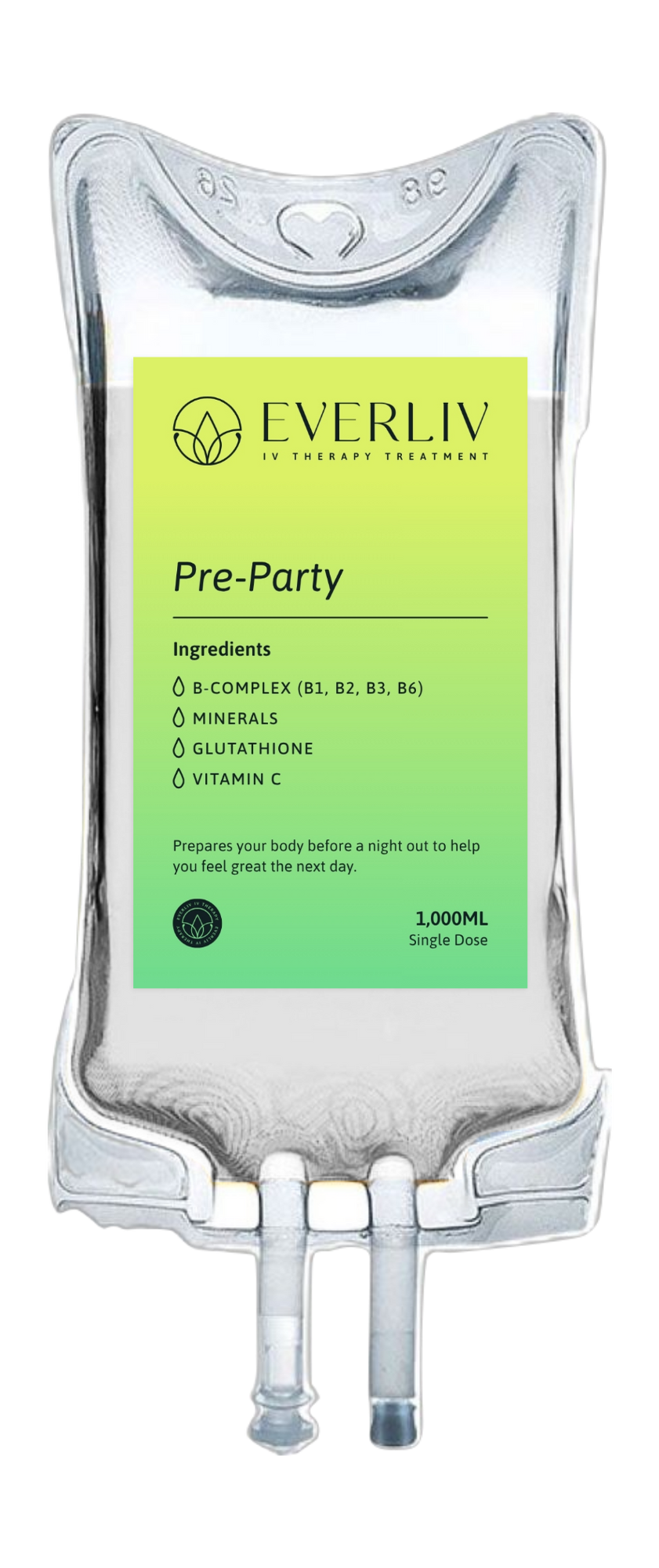 Pre-Party IV, containing ingredients such as B-complex vitamins, minerals, glutathione, and vitamin C, with a  and a transparent IV bag outline.