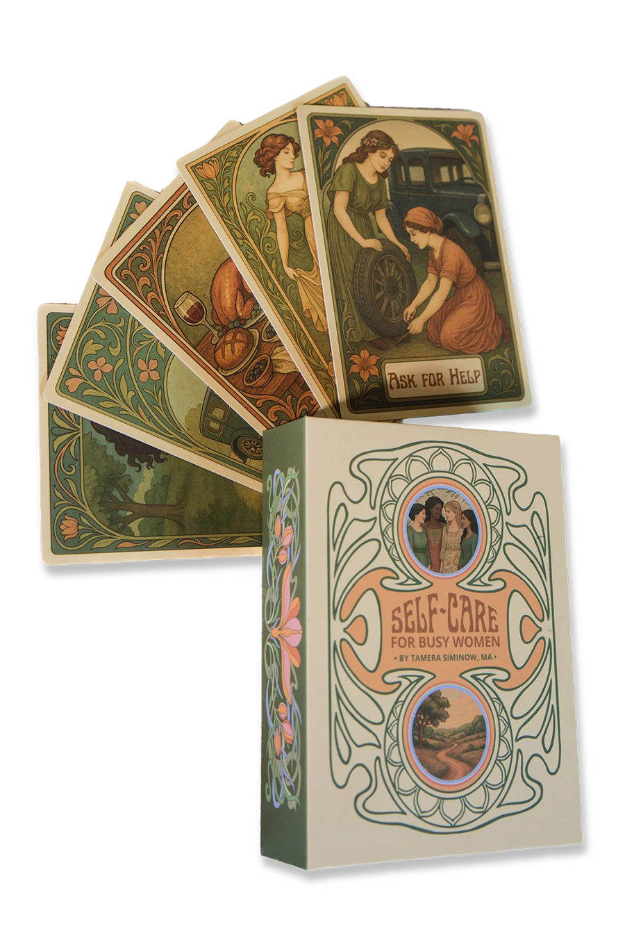 A set of self-care oracle cards with elegant, vintage-style illustrations, in a box titled "Self-Care for Busy Women" by Tamera Simnow, with some cards fanned out showing images of women, objects, and messages like "Ask for Help."
