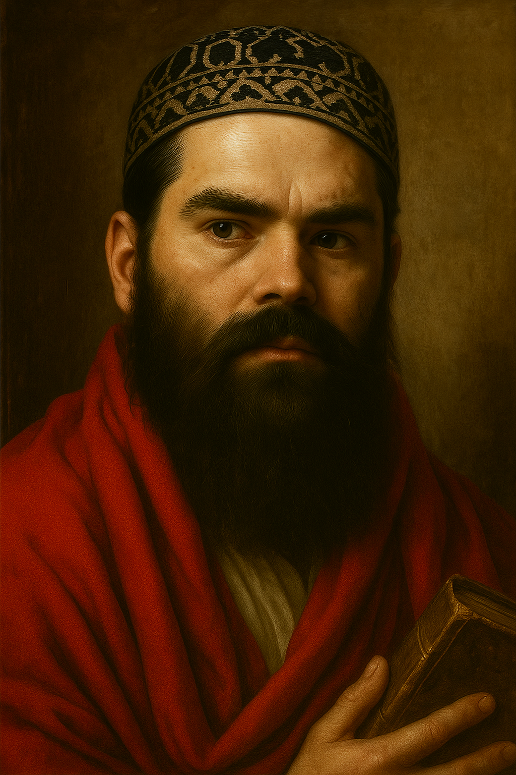 Portrait of Shaul Molcho wearing a red tallit and holding a book.