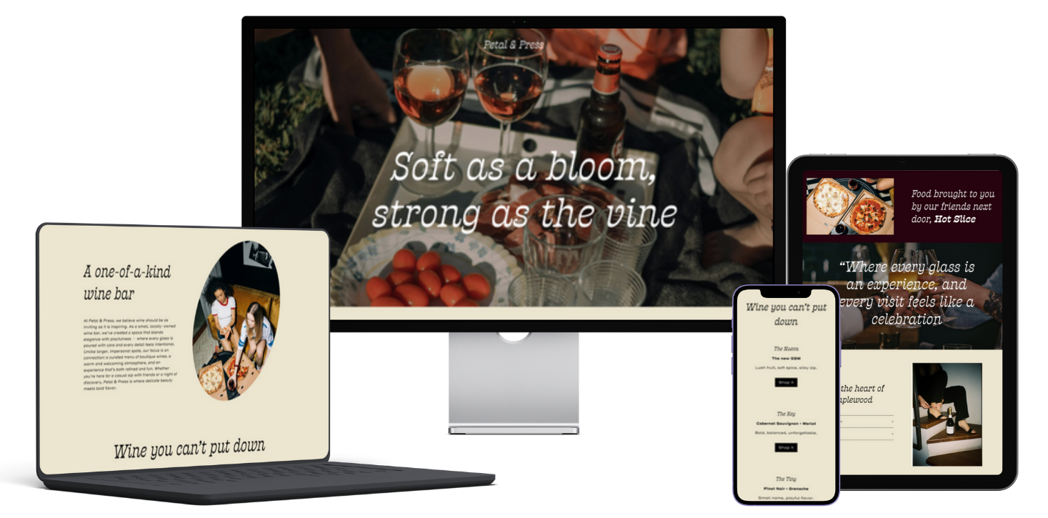 Collage of various digital screens displaying content about wine, food, and social gatherings.