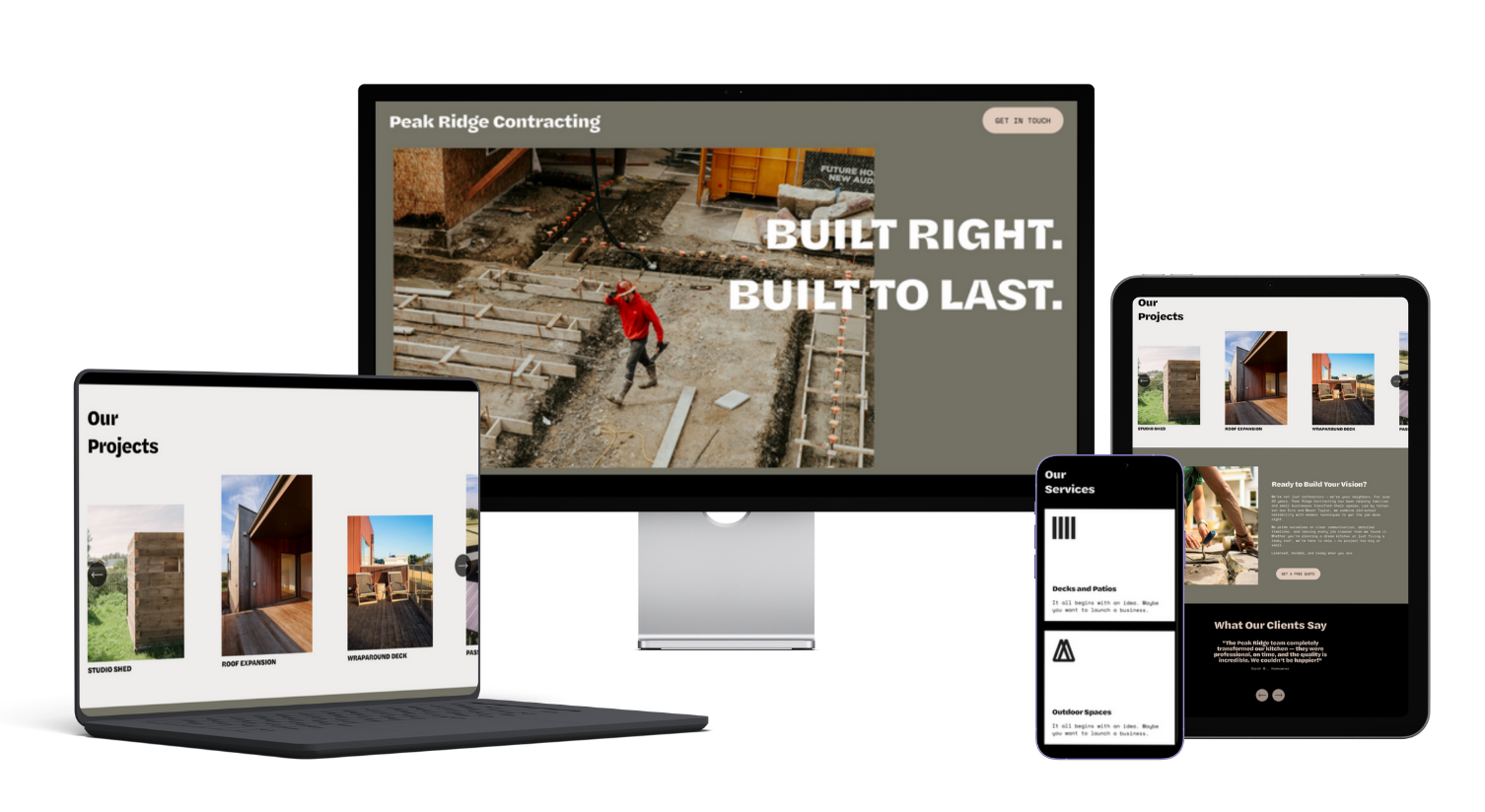 Multiple electronic devices displaying construction company websites with project images, text, and contact buttons.