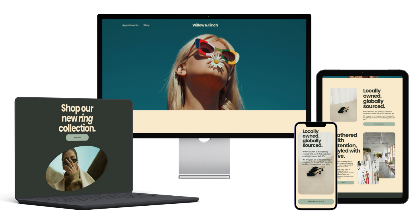 Multiple screens showing a fashion website called Willow & Finch, with images of shoes, fashion accessories, and lifestyle content, displayed on a desktop, tablet, and phone.