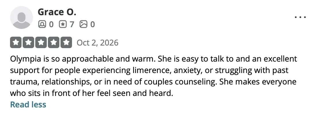 Yelp review for Olympia, describing her as approachable and warm, with a five-star rating.