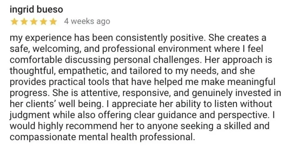A positive review from Ingrid Bueso, highlighting Olympia's professionalism, empathy, attentiveness, and practical support in mental health counseling.