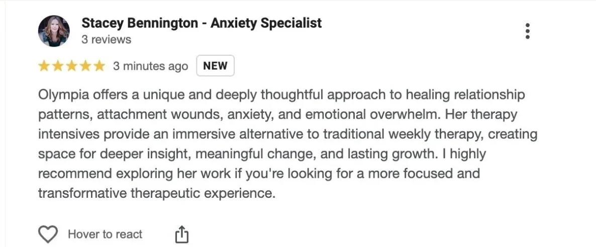 Google review from Stacey Bennington that is praising her depth and focus.