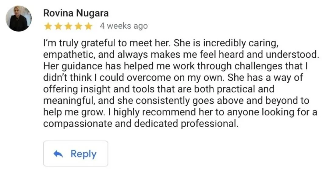 Customer review praising therapist Olympia for being caring, empathetic, insightful, and highly recommended.