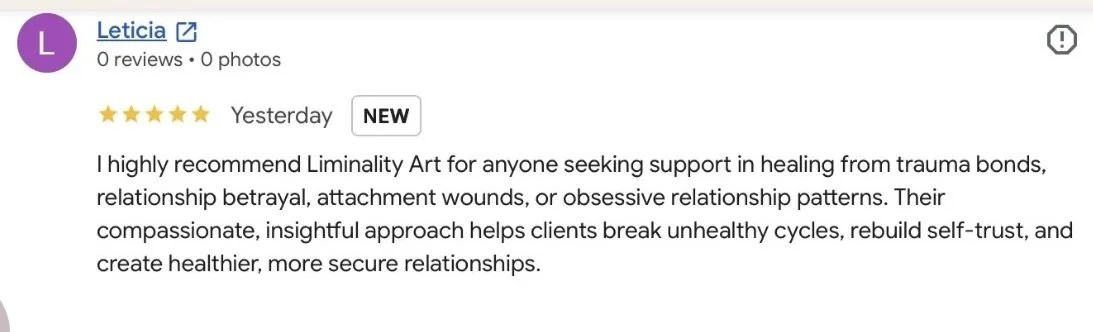 A review by Leticia recommending Liminality for emotional healing support, highlighting their compassionate approach to trauma, betrayal, attachment wounds, and relationship patterns.