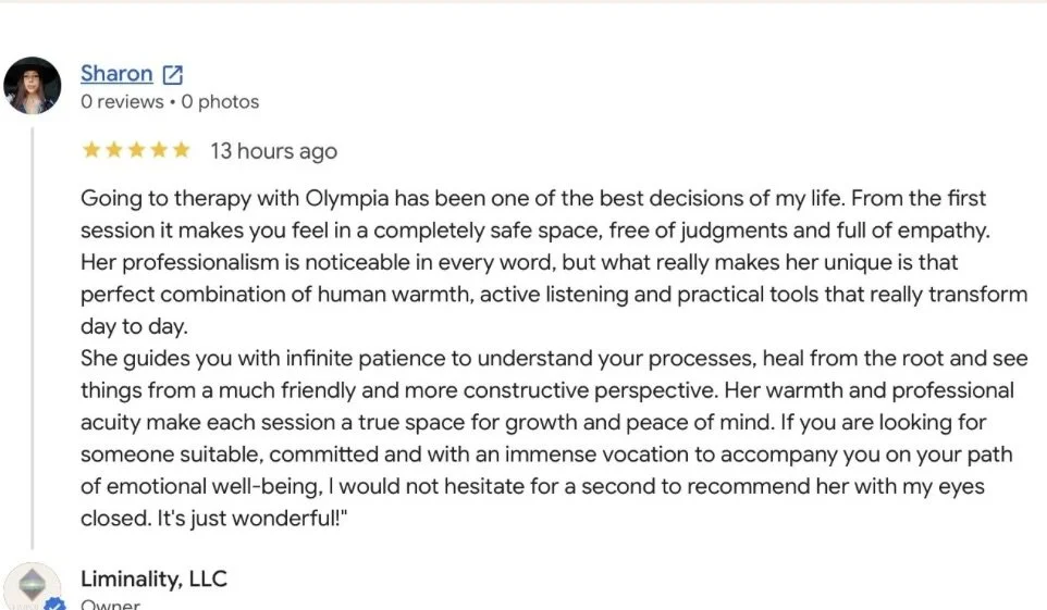 review written by Sharon praising therapy sessions at Olympia, highlighting her positive experience and recommending her therapist.