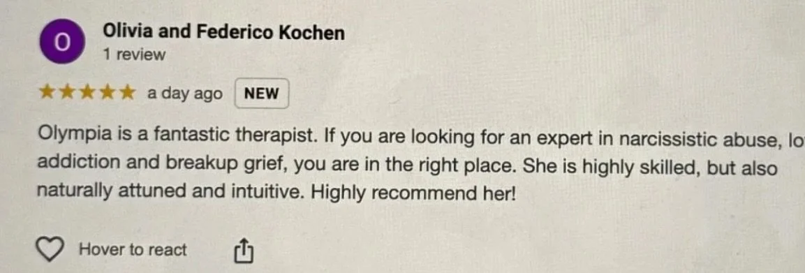 Review of Olympia, a therapist, praising her skills and intuition, with a star rating of five stars.