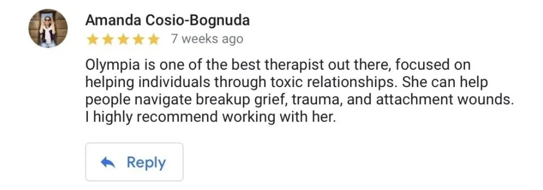 A Google review by Amanda Cosio-Bognuda, praising therapist Olympia for her help with toxic relationships, breakup grief, trauma, and attachment wounds.
