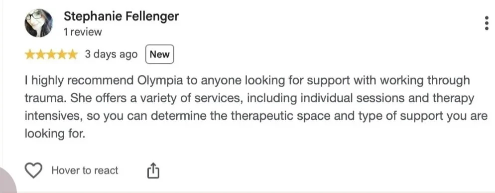 Online review of a therapy service with a five-star rating, written by Stephanie Fellenger, recommending Olympia for trauma support and therapy options.