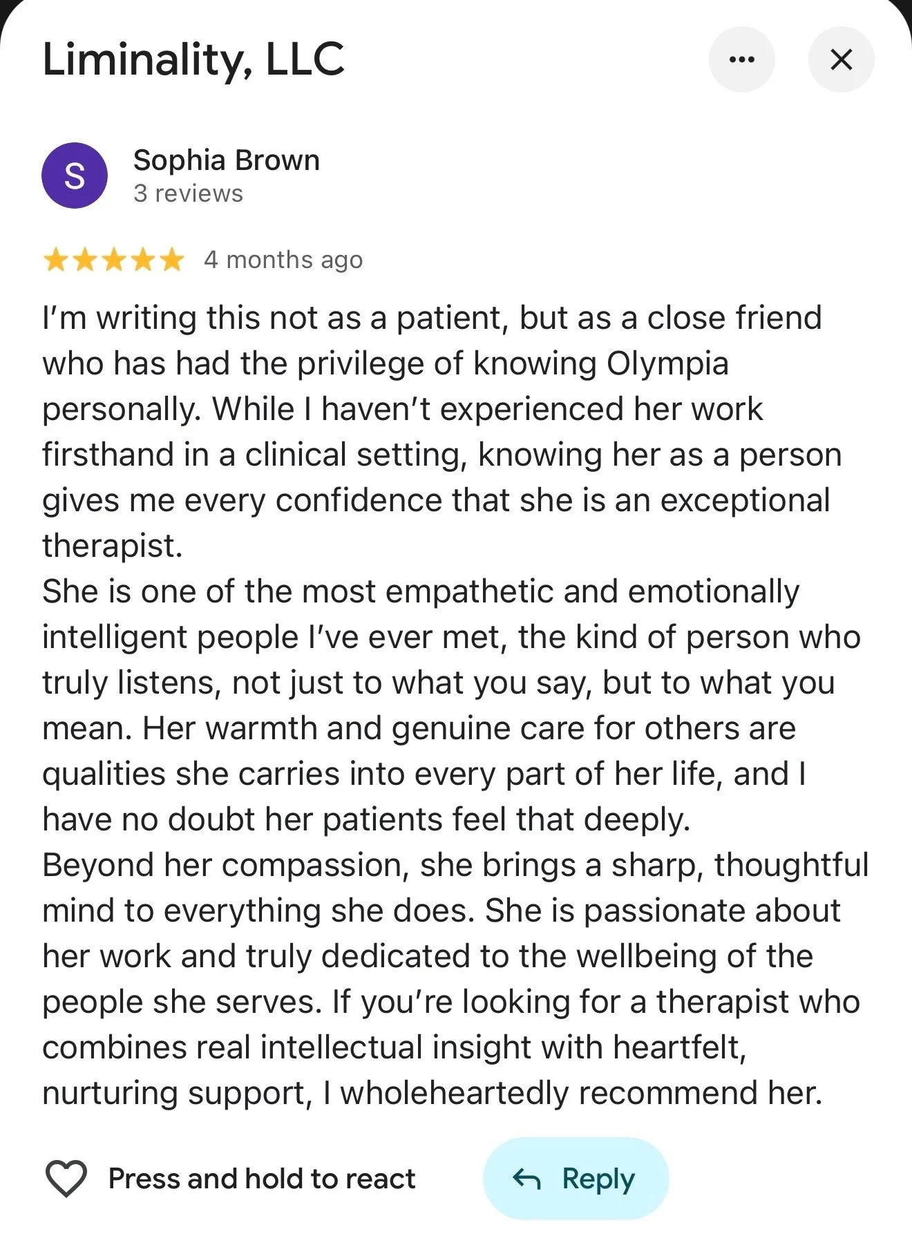  Google review for Liminality, LLC praising a therapist named Olympia for her empathetic and genuine care, describing her as an exceptional, compassionate, and intelligent professional who listens and truly cares for her patients.
